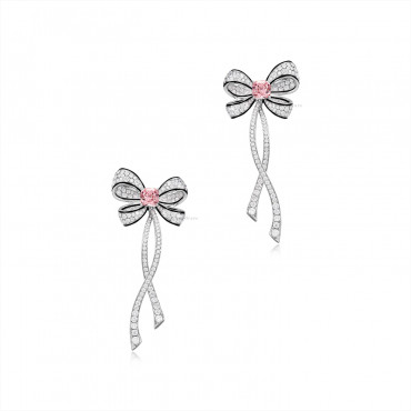 PAIR OF PINK SPINEL, ENAMEL AND DIAMOND 'RIBBON' PENDENT EARRINGS